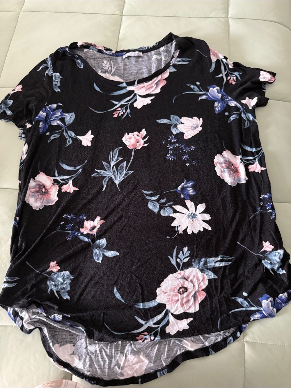 Women's Black Floral Short Sleeve Top - Pink & Blue Blooms